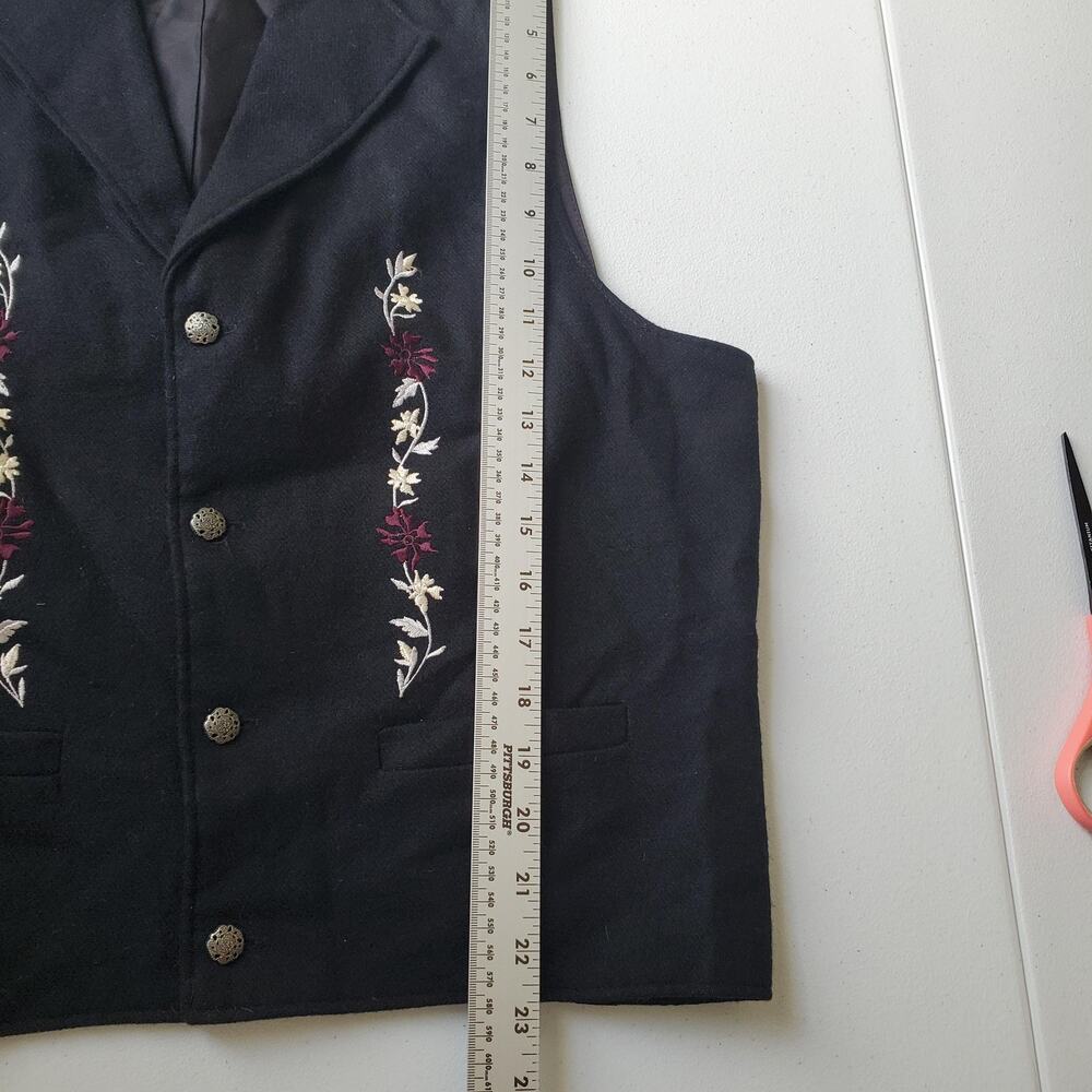 Wah Maker Vest Mens Large Black Wool Embroidered Western Cowboy Lined Floral - Picture 5 of 8